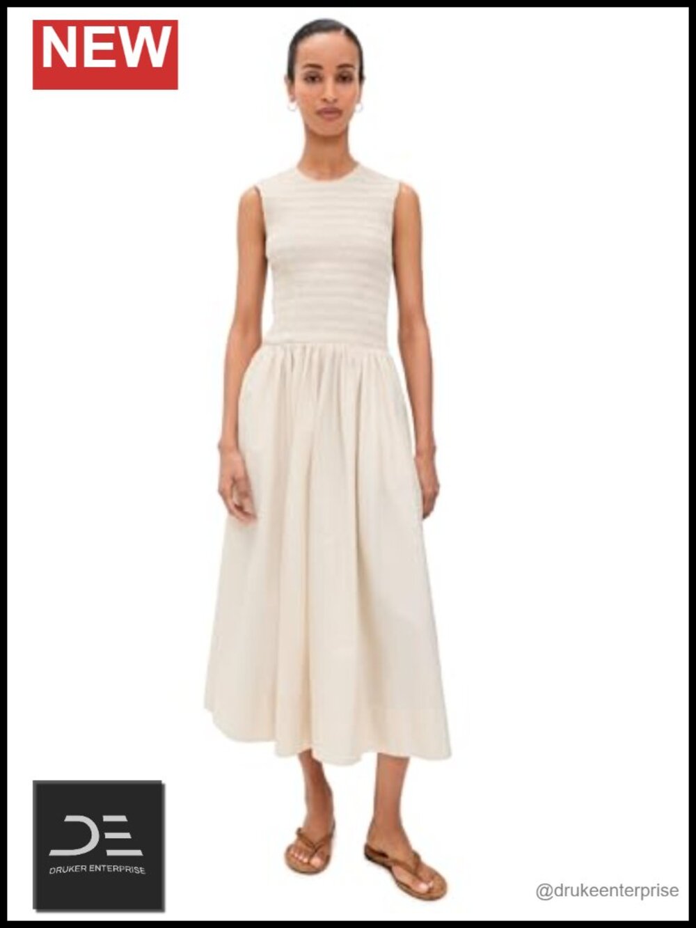 Pistola Gladys Midi Dress Poplin Fit & Flare Smocked Bodice Sleeveless